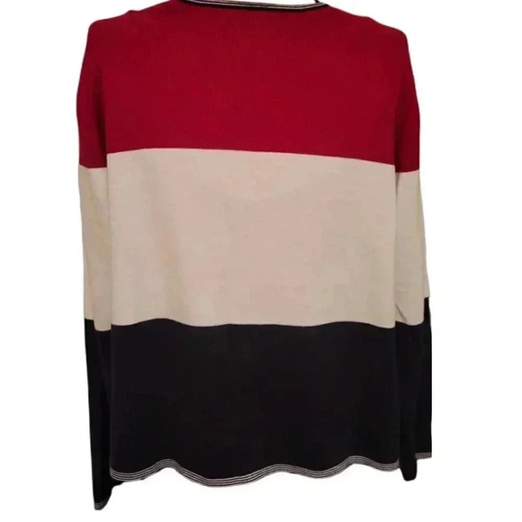 Fine  Knit Sweater Cardigan Jacket in panels of Red White and Black Med - Picture 3 of 6